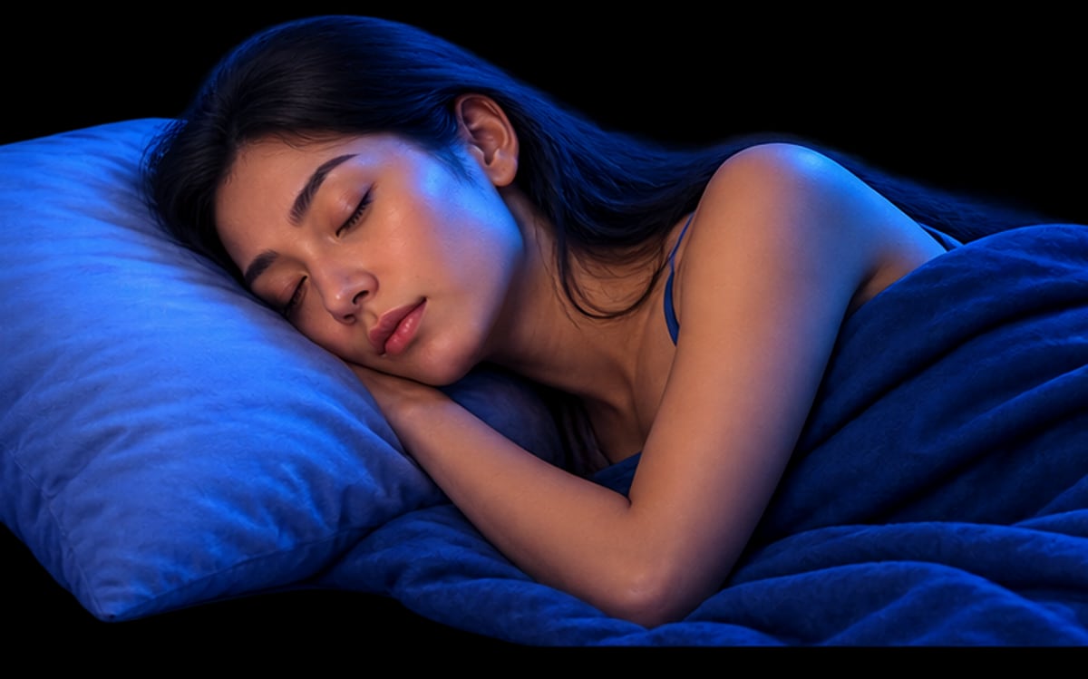 A woman asleep on her side on a pillow, lit by soft blue night light