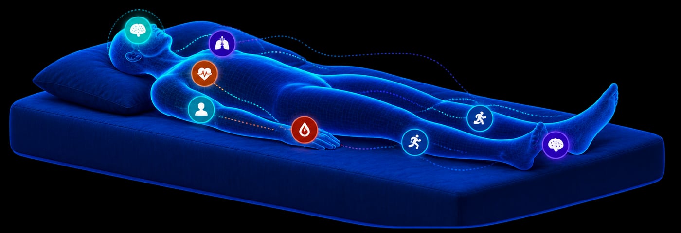 Illustration of a person lying on a mattress with glowing markers at the head, chest, heart, finger and legs where signals are recorded